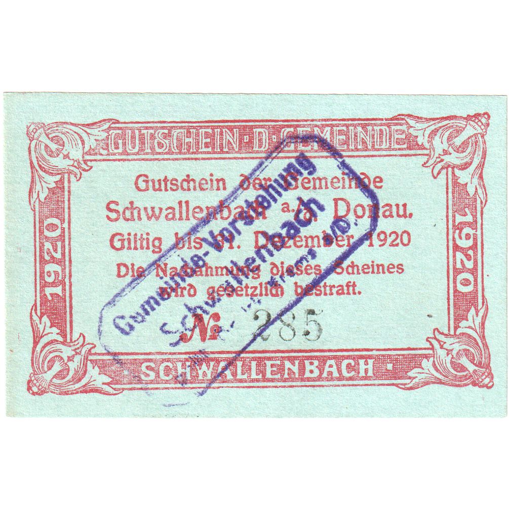 Austria, Schwallenbach, 50 Heller, 1920-12-31, UNC(63)
