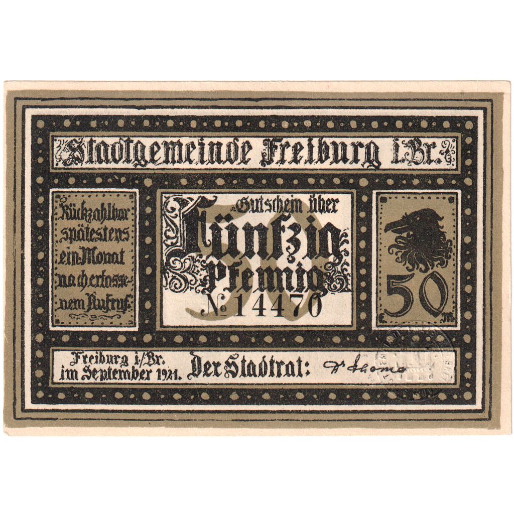 Alemania, Freiburg i. Br. Stadt, 50 Pfennig, UNC