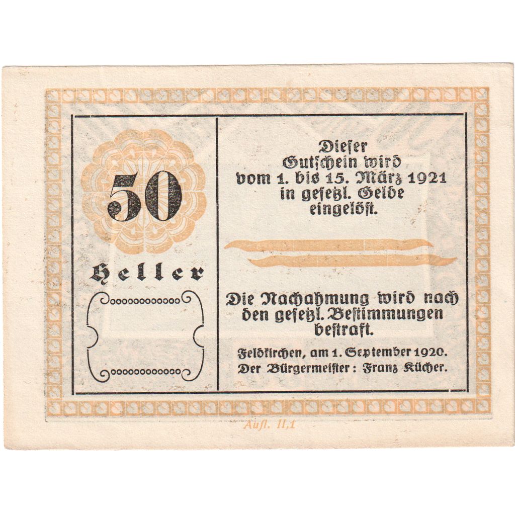 Austria, Feldkirchen, 50 Heller, 1921-03-15, UNC(63)