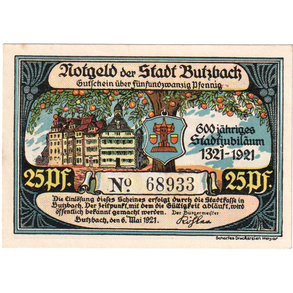 Alemania, Butzbach, 25 Pfennig, 1921-05-06, A28390, SC