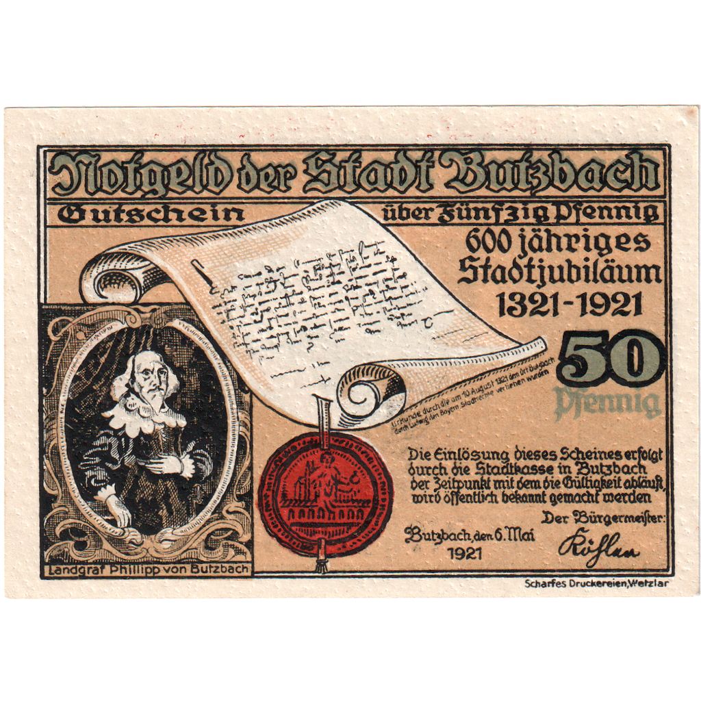 Germania, Butzbach, 50 Pfennig, 1921-05-06, A28390, SPL