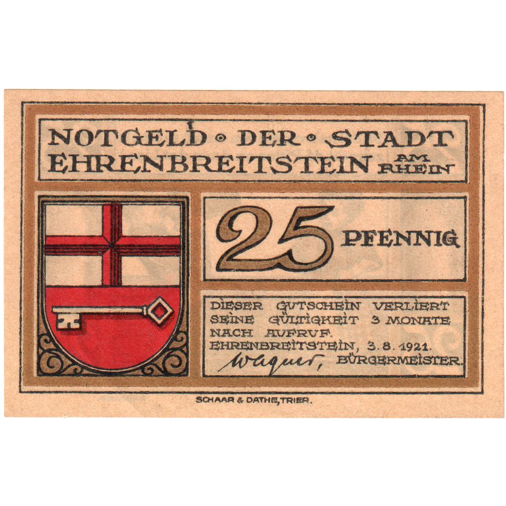 Alemania, Ehrenbreitstein Stadt, 25 Pfennig, 1921-08-03, EBC+
