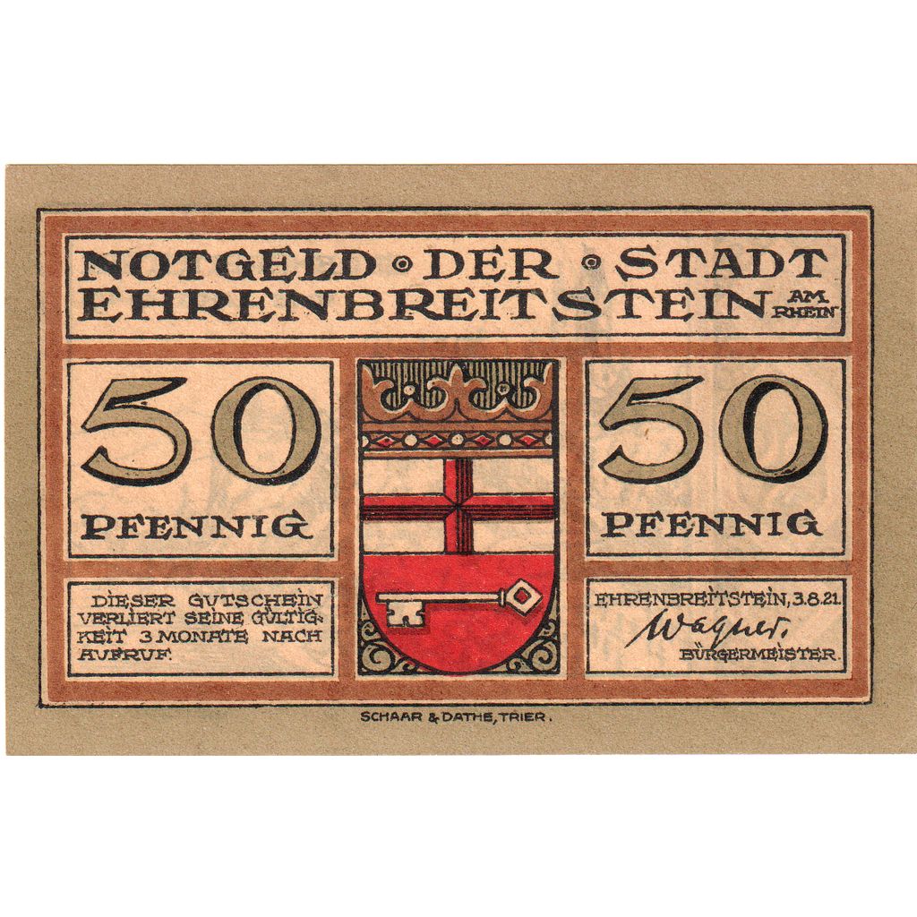 Alemania, Ehrenbreitstein Stadt, 50 Pfennig, 1921-08-03, EBC+