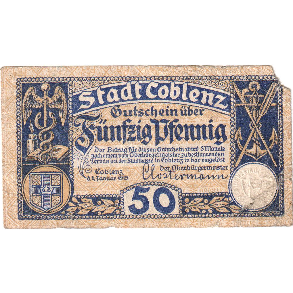 Alemania, Coblenz Stadt, 50 Pfennig, EBC