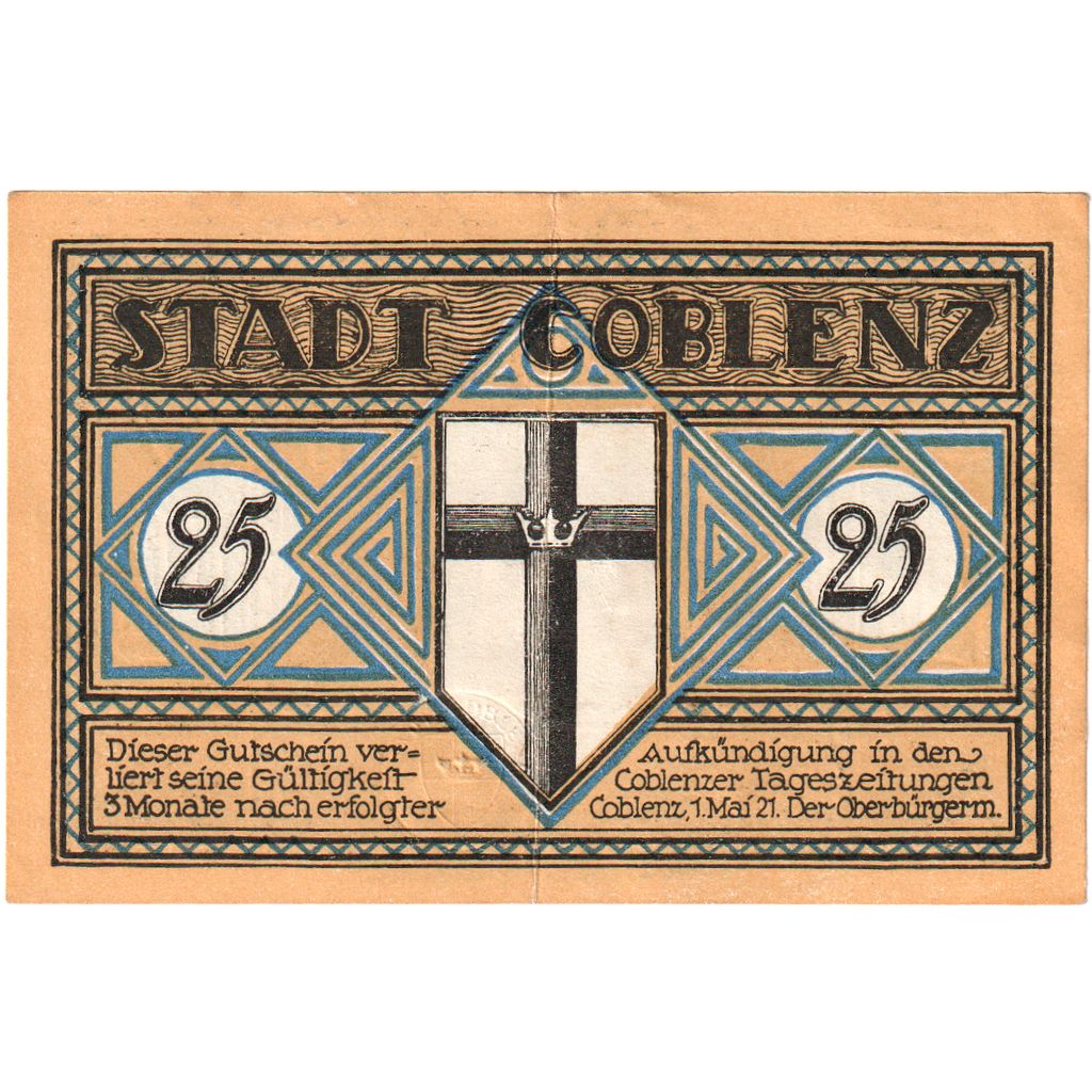 Alemania, Coblenz, 25 Pfennig, 1921-05-01, EBC+