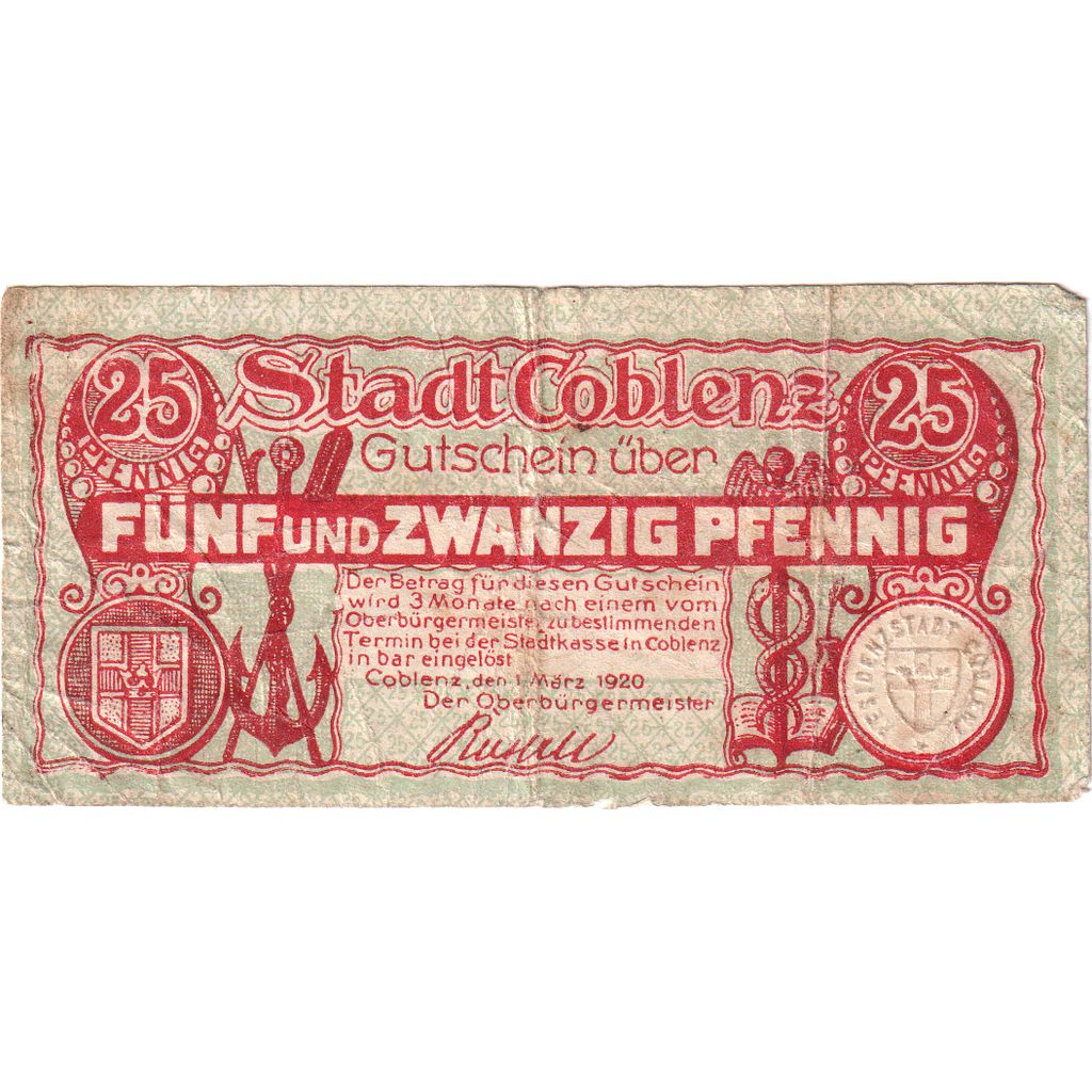 Allemagne, Coblenz Stadt, 25 Pfennig, SUP+