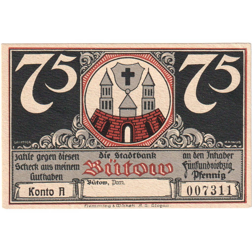 Duitsland, Bütow, 75 Pfennig, SUP+