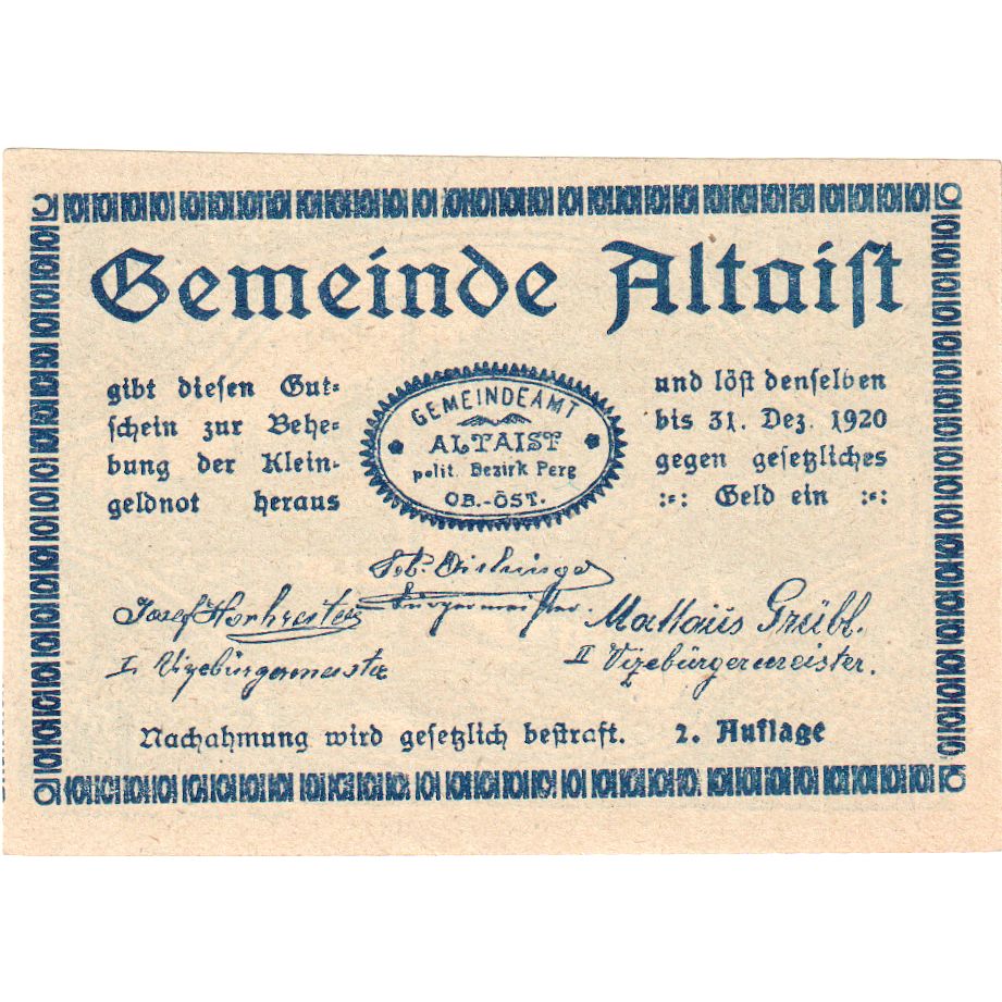 Autriche, Altaist, 50 Heller, 1920-12-31, SPL