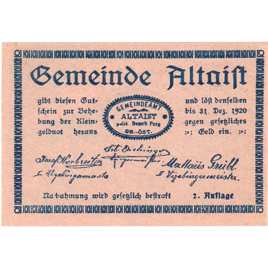 Autriche, Altaist, 50 Heller, 1920-12-31, SPL