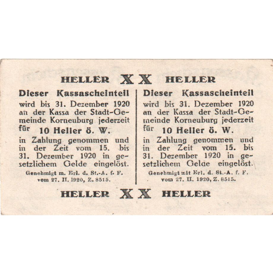 Autriche, Korneuburg, 20 Heller, 1920-12-31, SPL