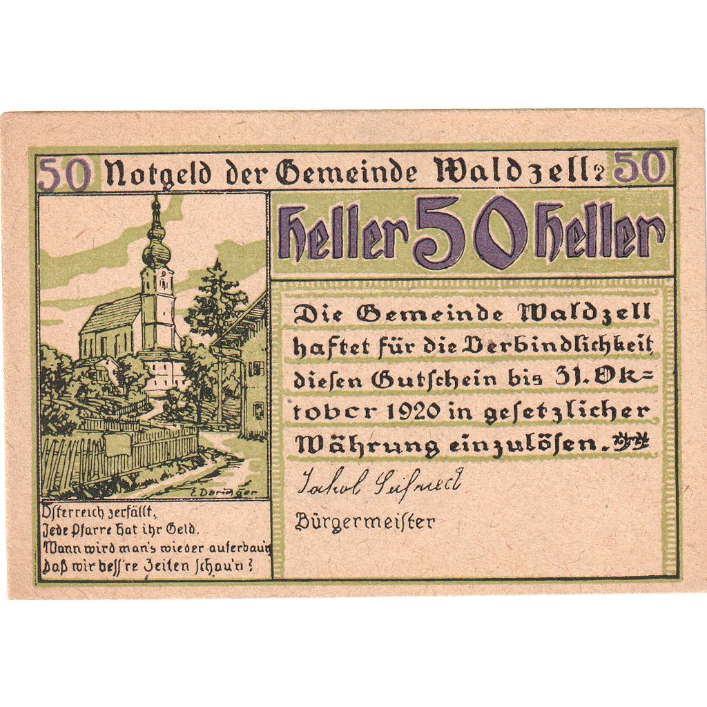 Autriche, Waldzell O.Ö. Gemeinde, 50 Heller, SPL