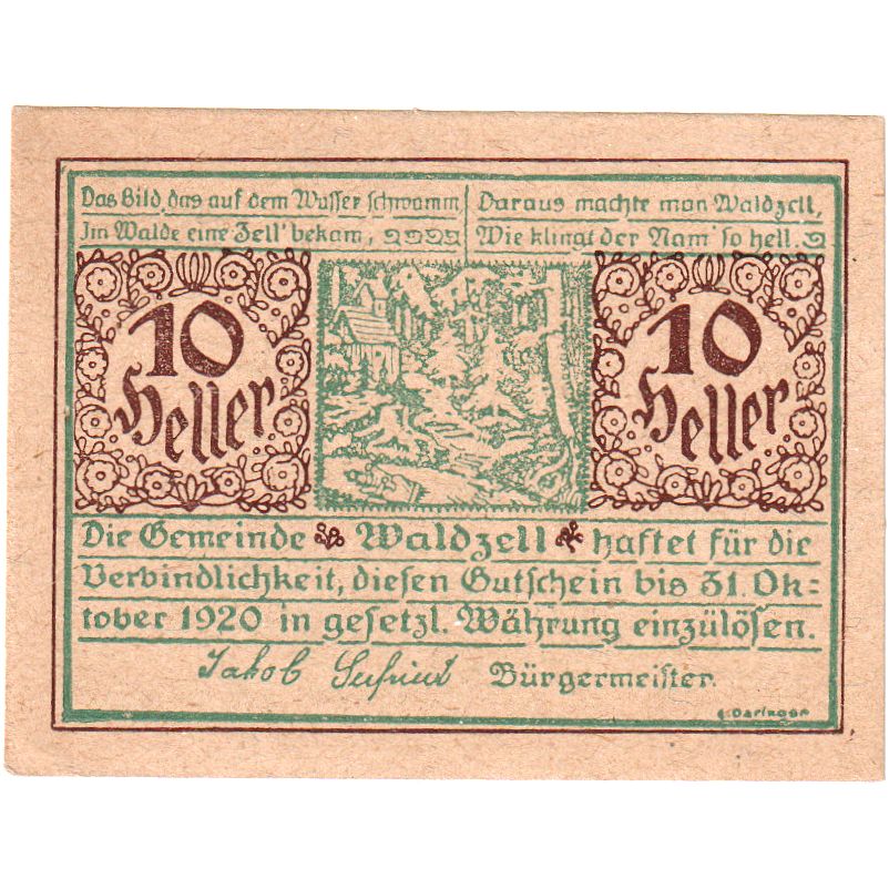Austria, Waldzell, 10 Heller, UNC(63)