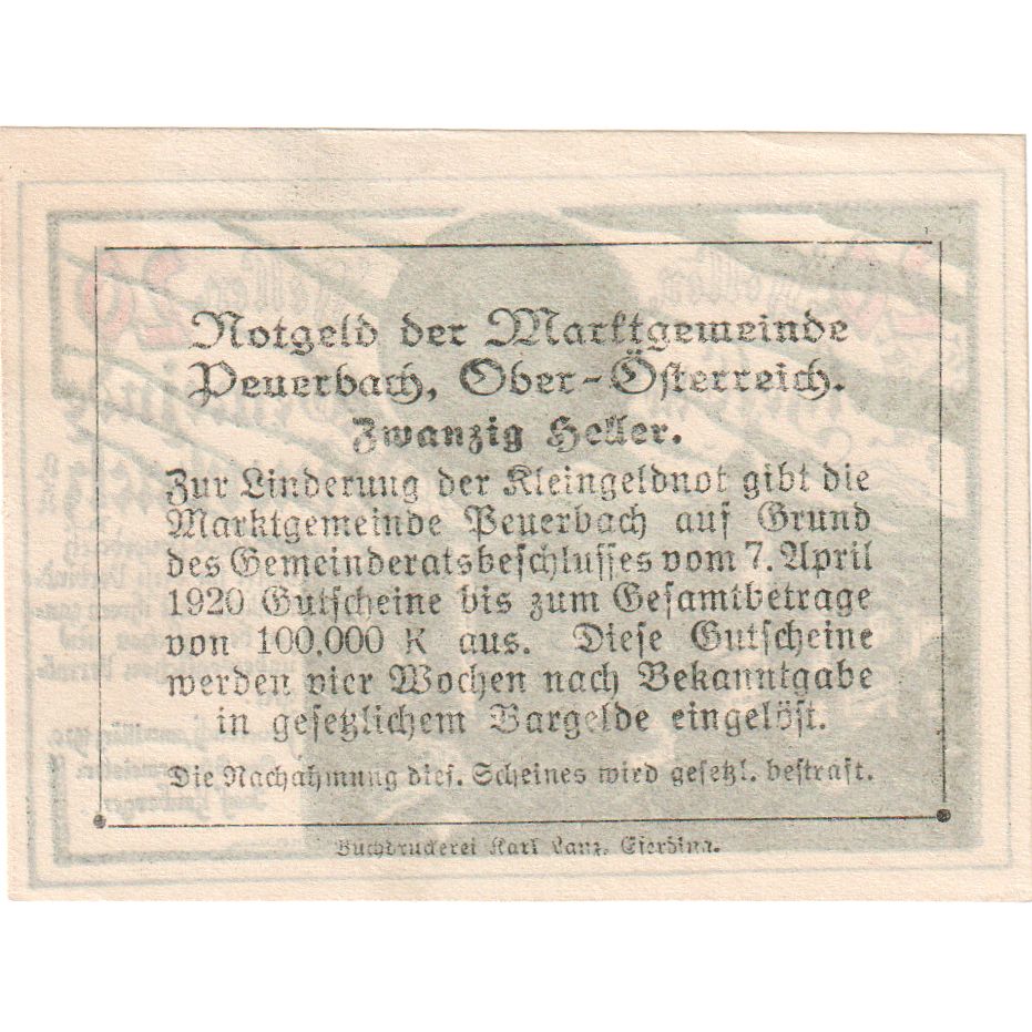 Áustria, Peuerbach, 20 Heller, 1920-03-24, UNC(63)