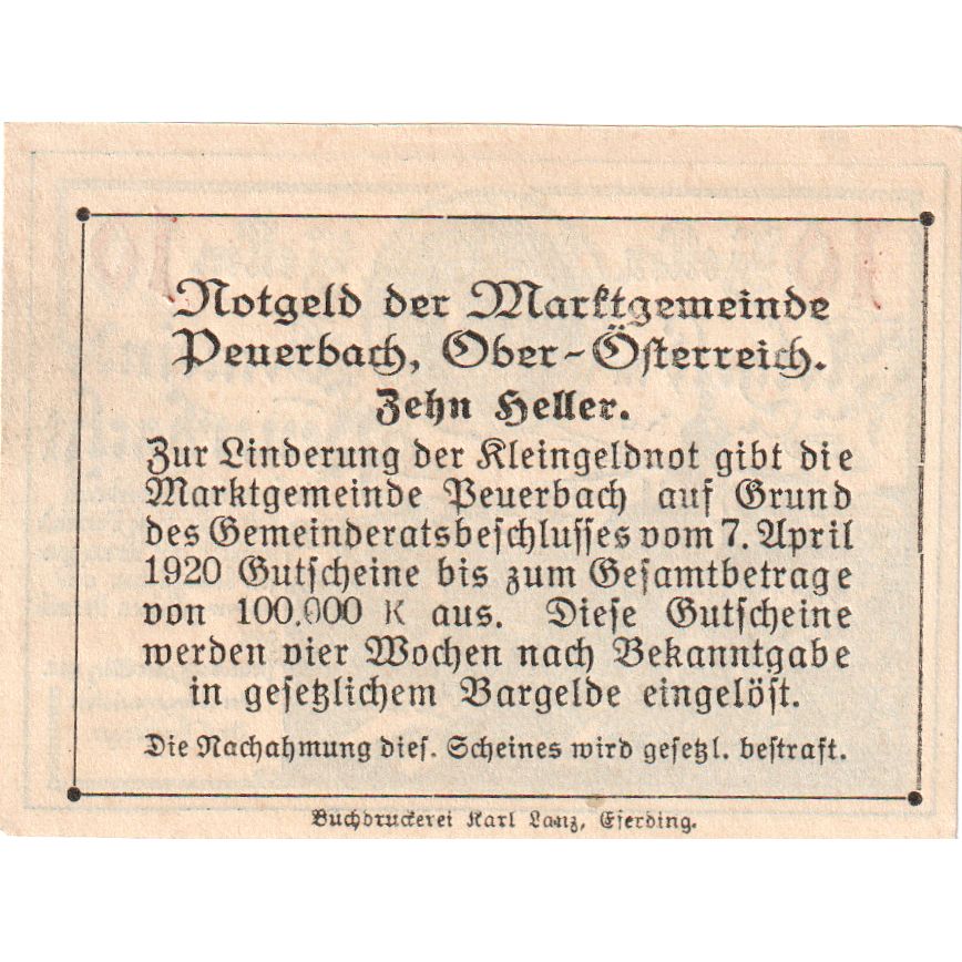 Áustria, Peuerbach, 10 Heller, 1920-03-24, UNC(63)