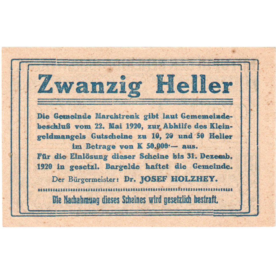Autriche, marchtrenk, 20 Heller, 1920-12-31, SPL