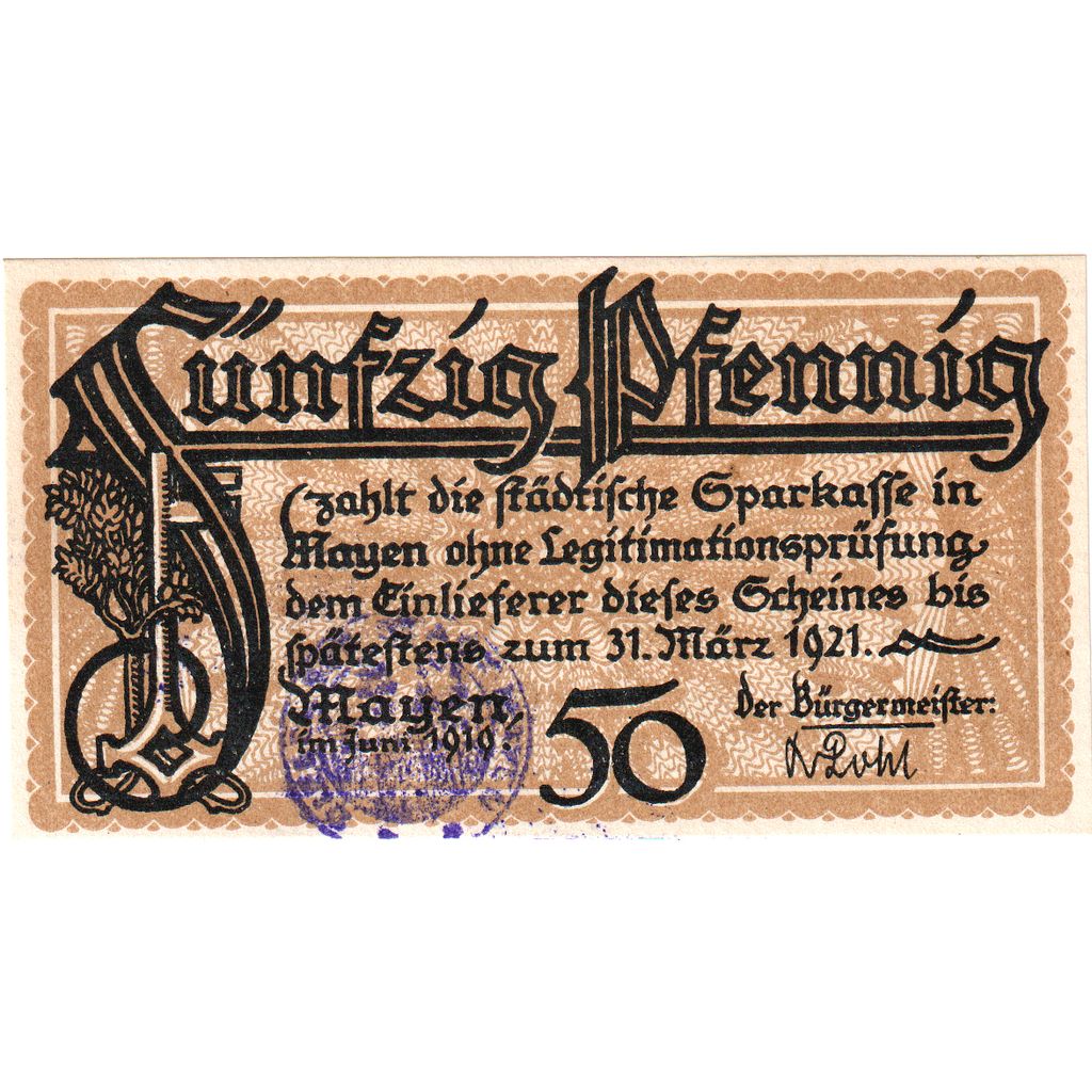 Alemania, Mayen Stadt, 50 Pfennig, 1921-03-31, EBC+