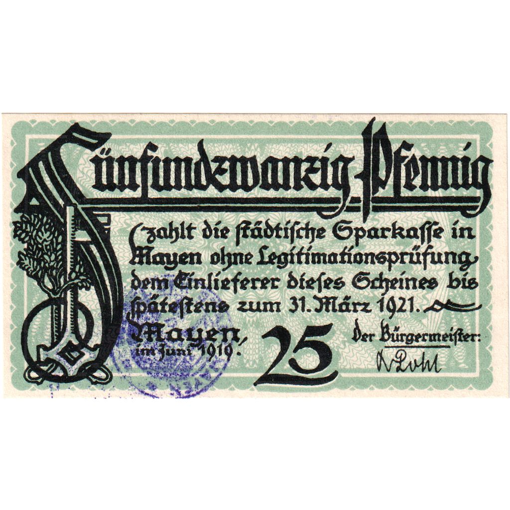 Allemagne, Mayen Stadt, 25 Pfennig, 1921-03-31, SUP+