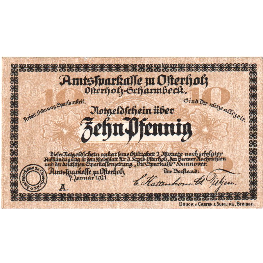 Alemania, Osterholz Amtssparkasse, 10 Pfennig, 1921-01-07, EBC+