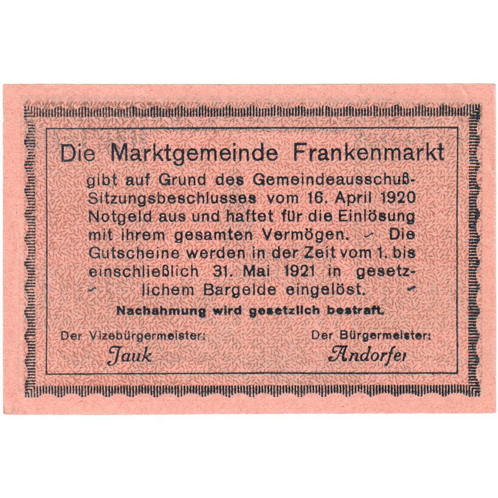 Austria, Frankenmarkt, O.Ö., Gemeinde, 50 Heller, 1921-05-31, UNC(60-62)