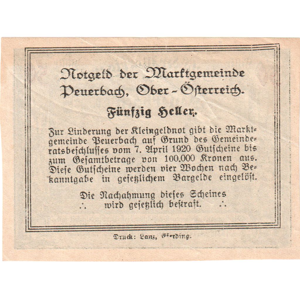 Austria, Peuerbach, 50 Heller, 1920-03-24, EBC+