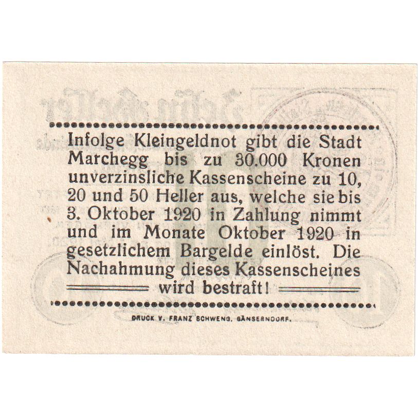 Oostenrijk, Marchegg N.Ö. Stadtgemeinde, 10 Heller, 1920-10-03, SUP+