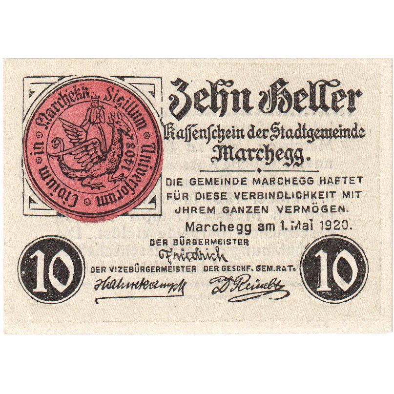 Austria, Marchegg N.Ö. Stadtgemeinde, 10 Heller, 1920-10-03, EBC+