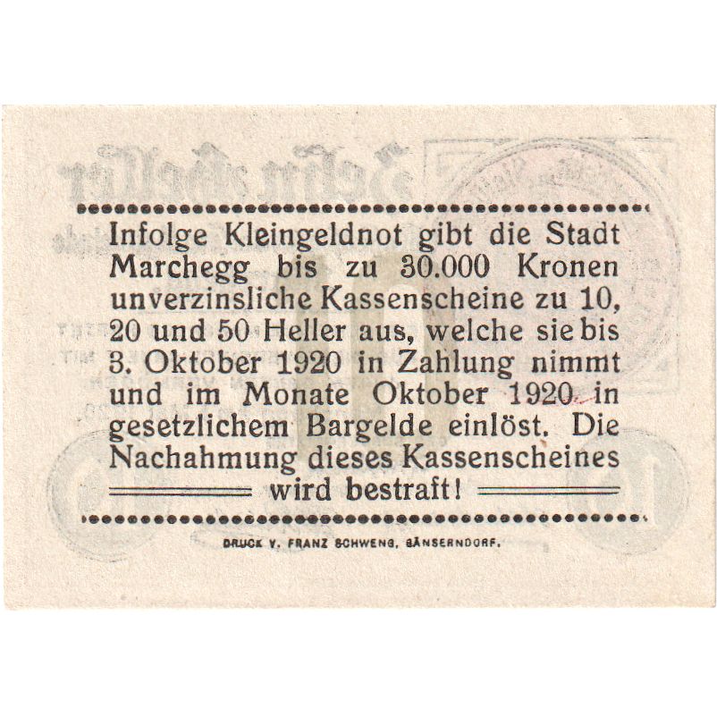 Austria, Marchegg N.Ö. Stadtgemeinde, 10 Heller, 1920-10-03, EBC+