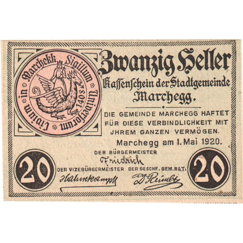 Austria, Marchegg N.Ö. Stadtgemeinde, 20 Heller, 1920-10-03, EBC+