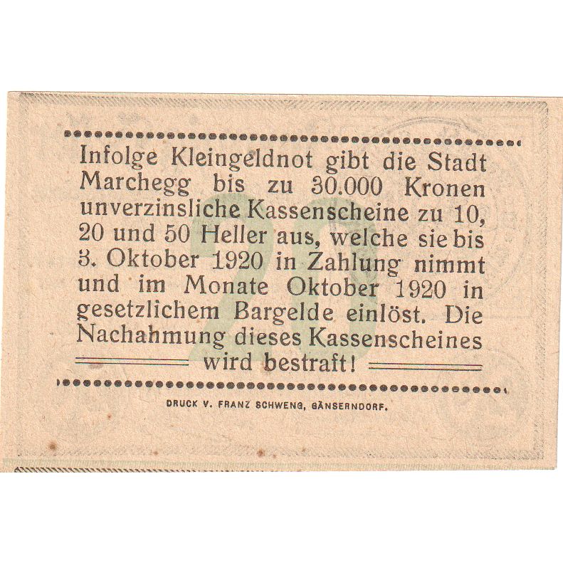 Austria, Marchegg N.Ö. Stadtgemeinde, 20 Heller, 1920-10-03, EBC+