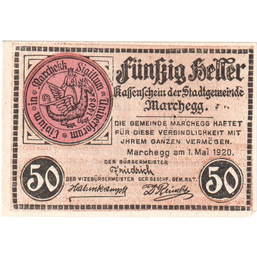 Austria, Marchegg N.Ö. Stadtgemeinde, 50 Heller, 1920-10-03, EBC+