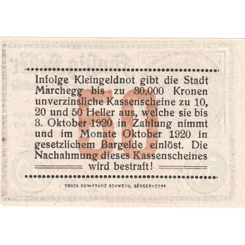Austria, Marchegg N.Ö. Stadtgemeinde, 50 Heller, 1920-10-03, EBC+