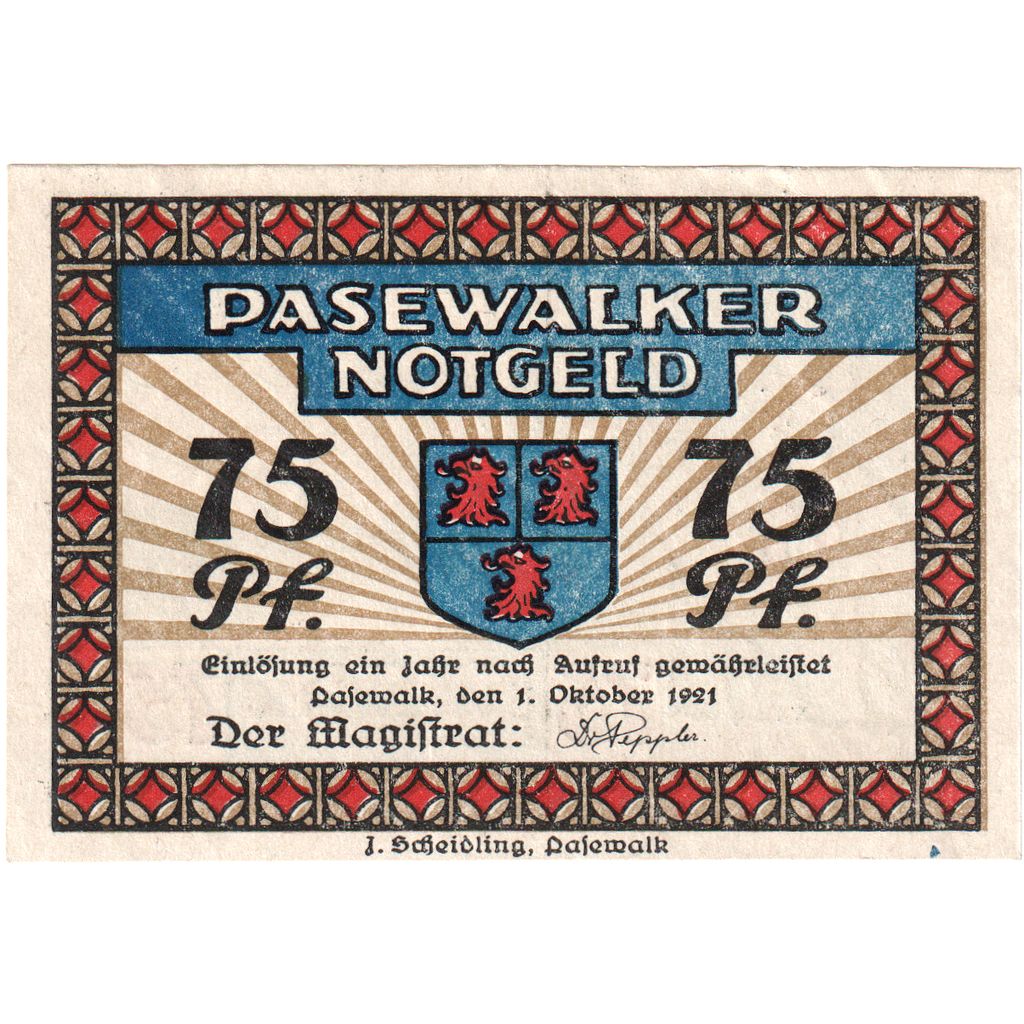 Allemagne, Pasewalk Stadt, 75 Pfennig, 1921-10-01, SUP+