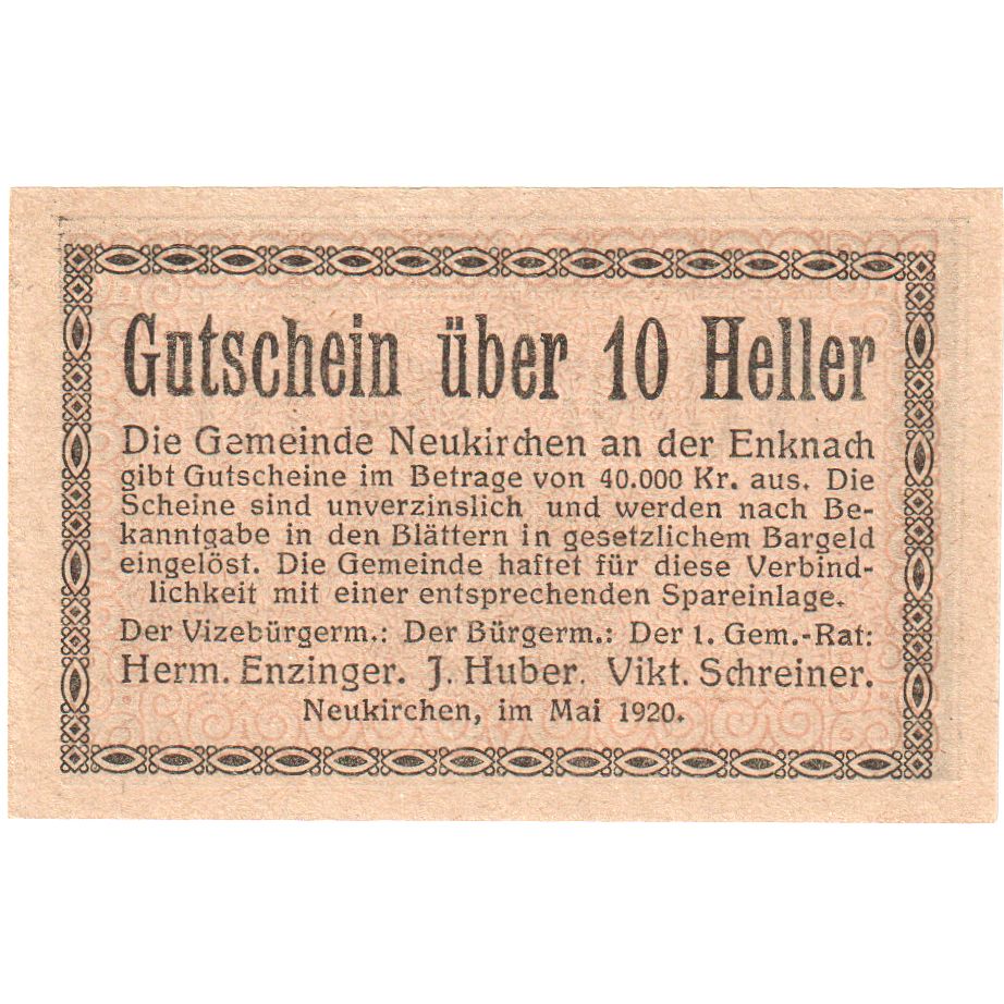 Austria, Neukirchen an der Enknach O.Ö. Gemeinde, 10 Heller, EBC+