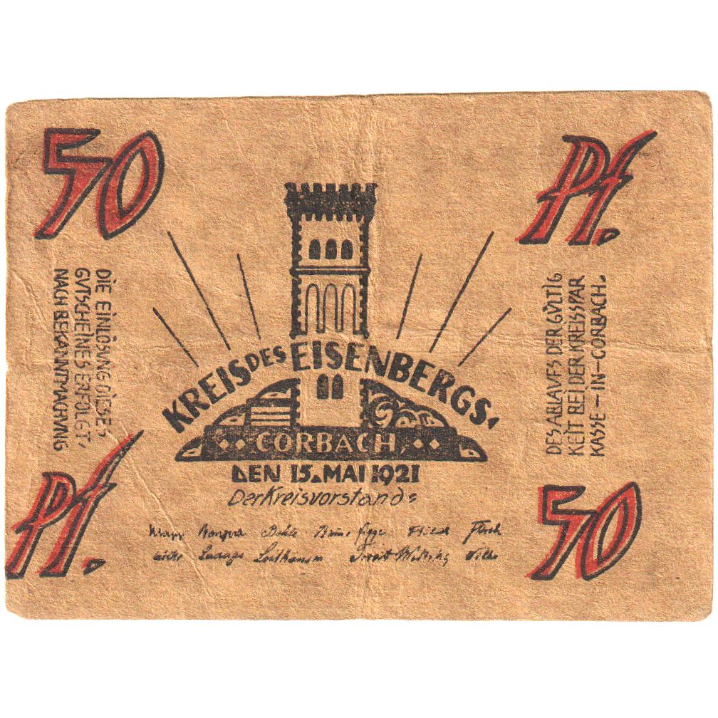 Alemanha, Eisenberg Kreis Sitz in Corbach, 50 Pfennig, 1921-05-15, AU(55-58)