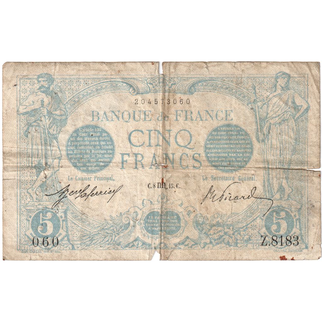 Frankreich, 5 Francs, Bleu, 1915-10-28, Z.2183, SGE+