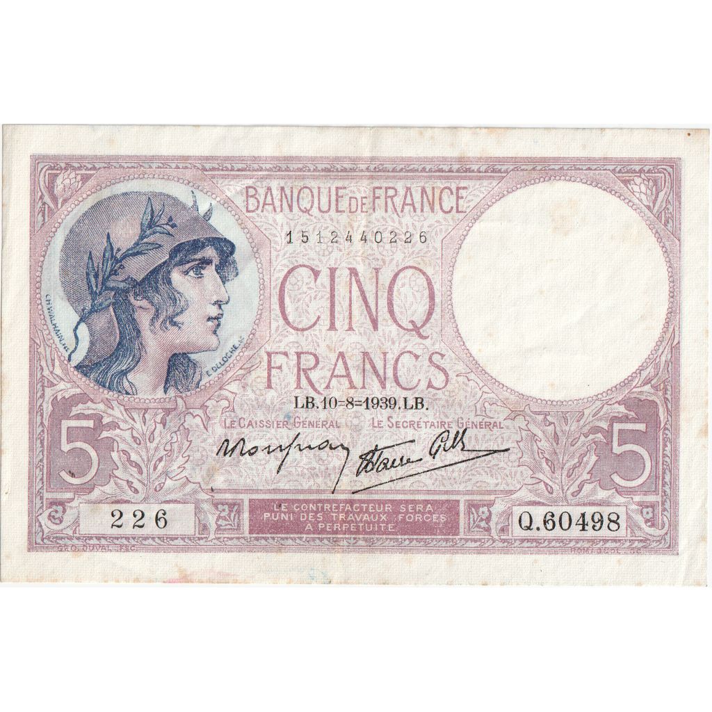 Francia, 5 Francs, Violet, 1939-08-10, Q.60498 226, MBC+
