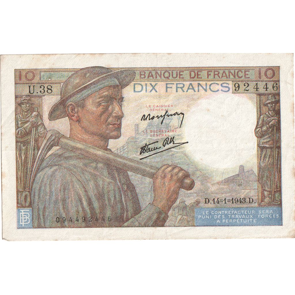 Francja, 10 Francs, Mineur, 1943-01-14, U.38 92446, EF(40-45)