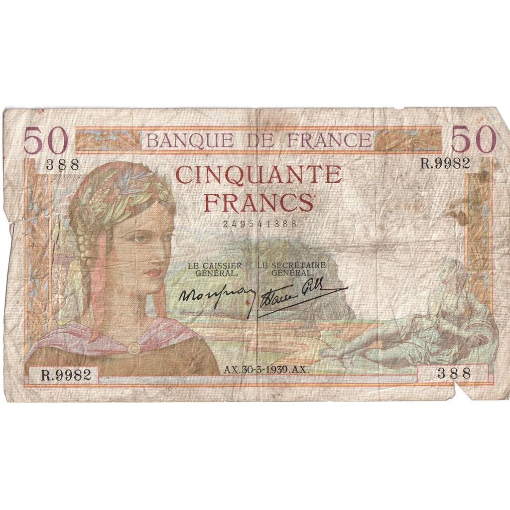 Frankrijk, 50 Francs, Cérès, 1939-03-30, R.9982 388, B+