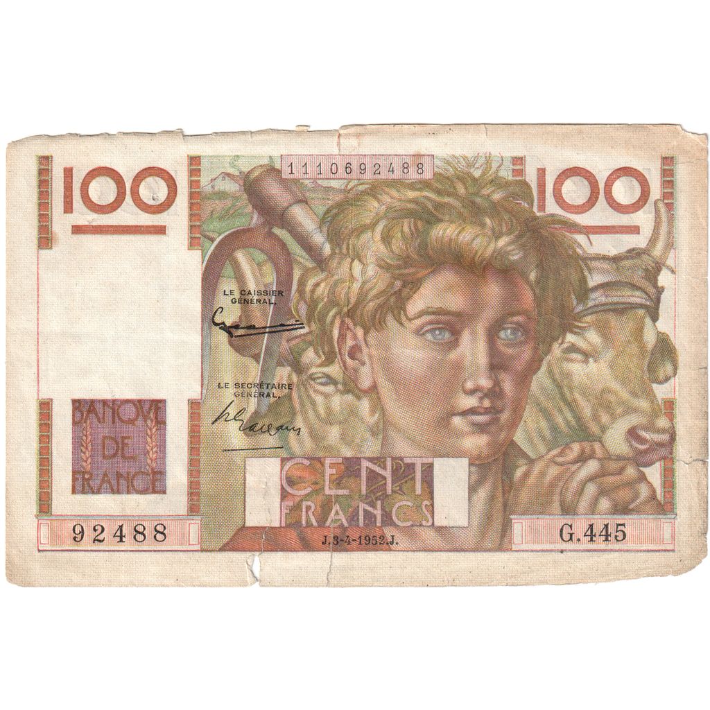 France, 100 Francs, Jeune Paysan, 1952-04-03, G.445 92488, B+