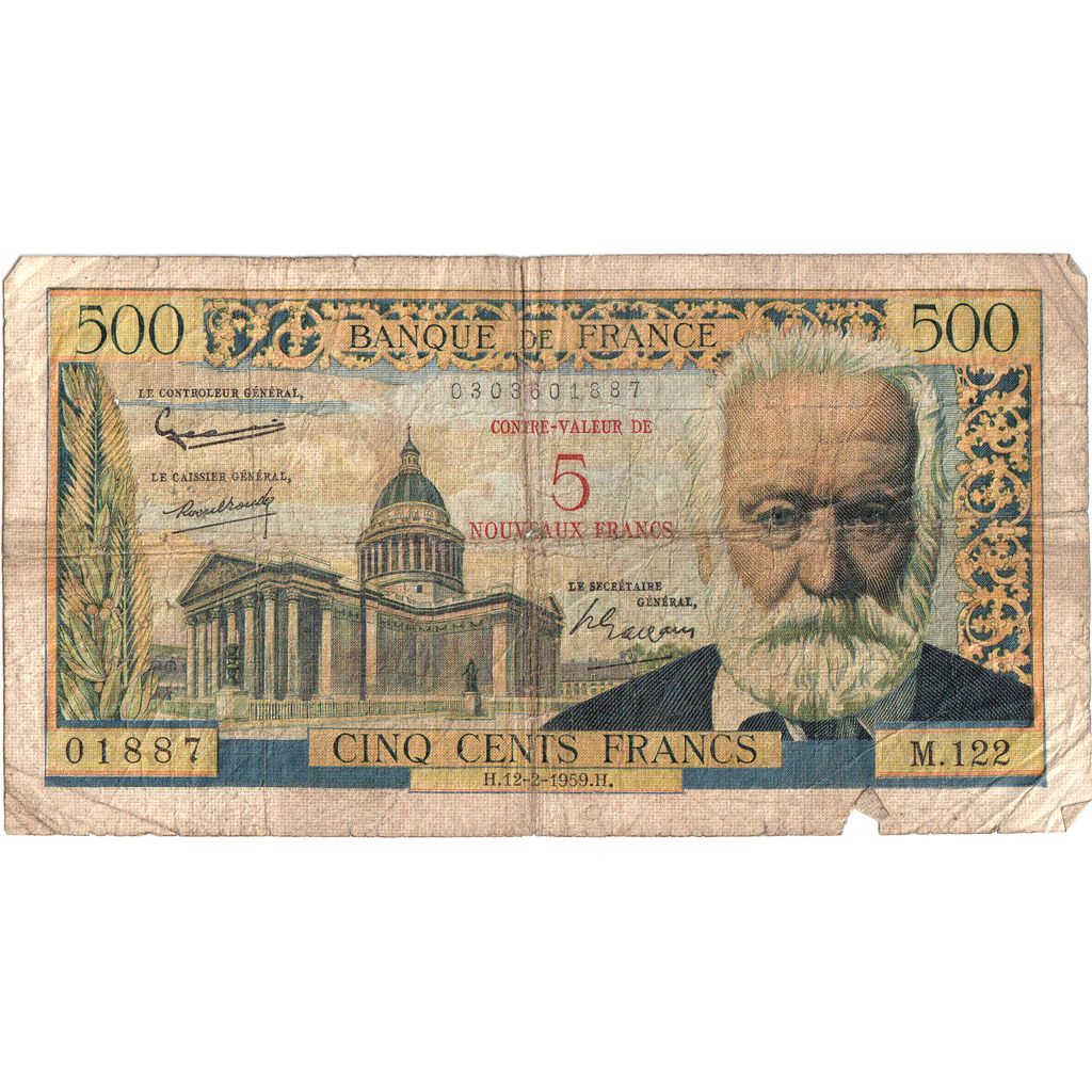 France, 5 Nouveaux Francs on 500 Francs, 1959-02-12, M.122 01887, F(12-15)