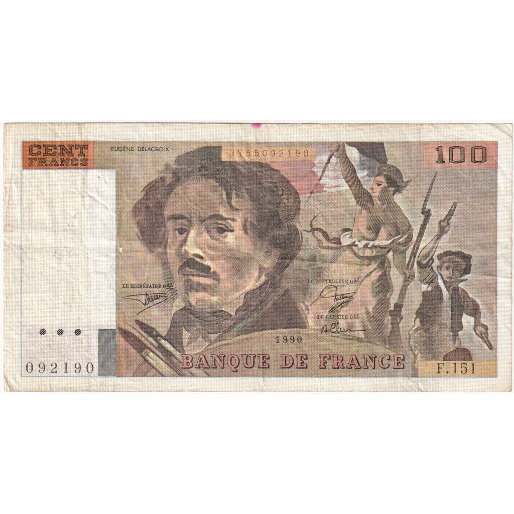 França, 100 Francs, Delacroix, F.151, VF(30-35)