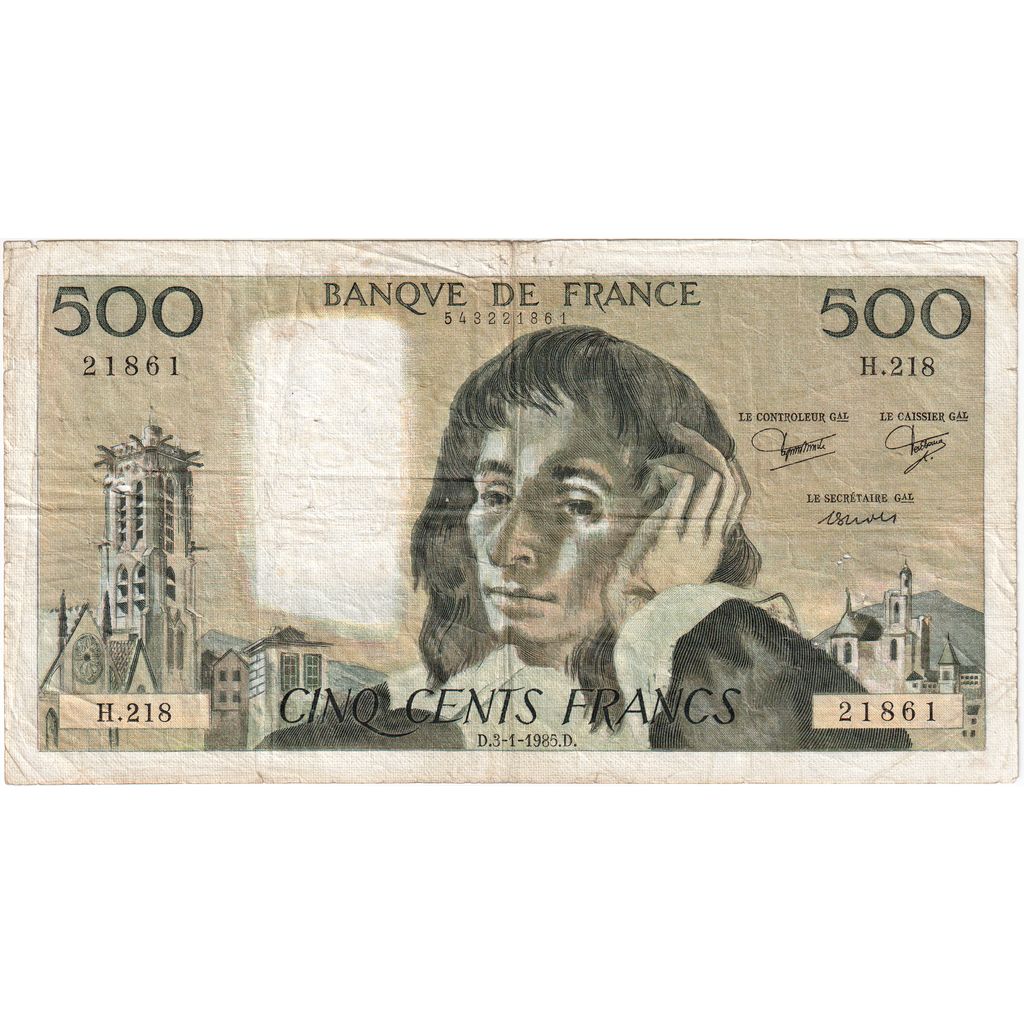 Francja, 500 Francs, Pascal, 1985-01-03, H.218, VF(30-35)