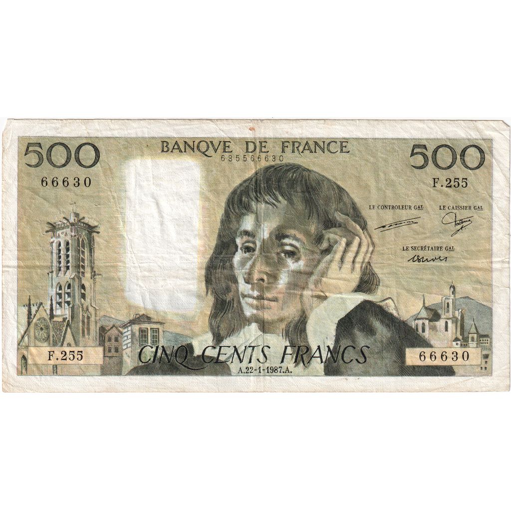 Francja, 500 Francs, Pascal, 1987-01-22, F.255, VF(30-35)
