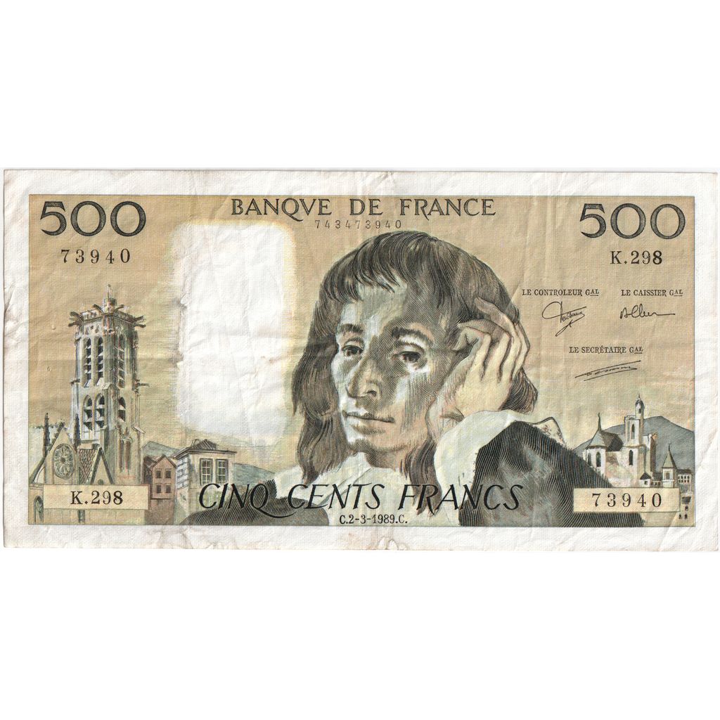 France, 500 Francs, Pascal, 1989-03-02, K.298, VF(30-35)