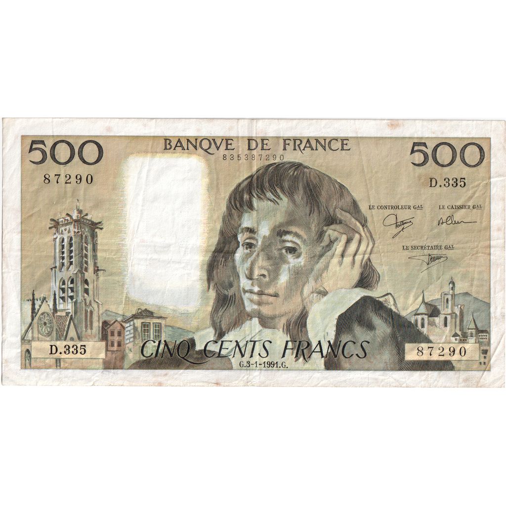 Francia, 500 Francs, Pascal, 1991-01-03, D.335, MB+