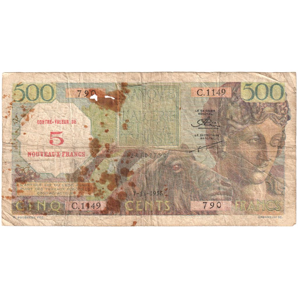 Banknote, Algeria, 5 NF on 500 Francs, 1956-11-07, F(12-15)