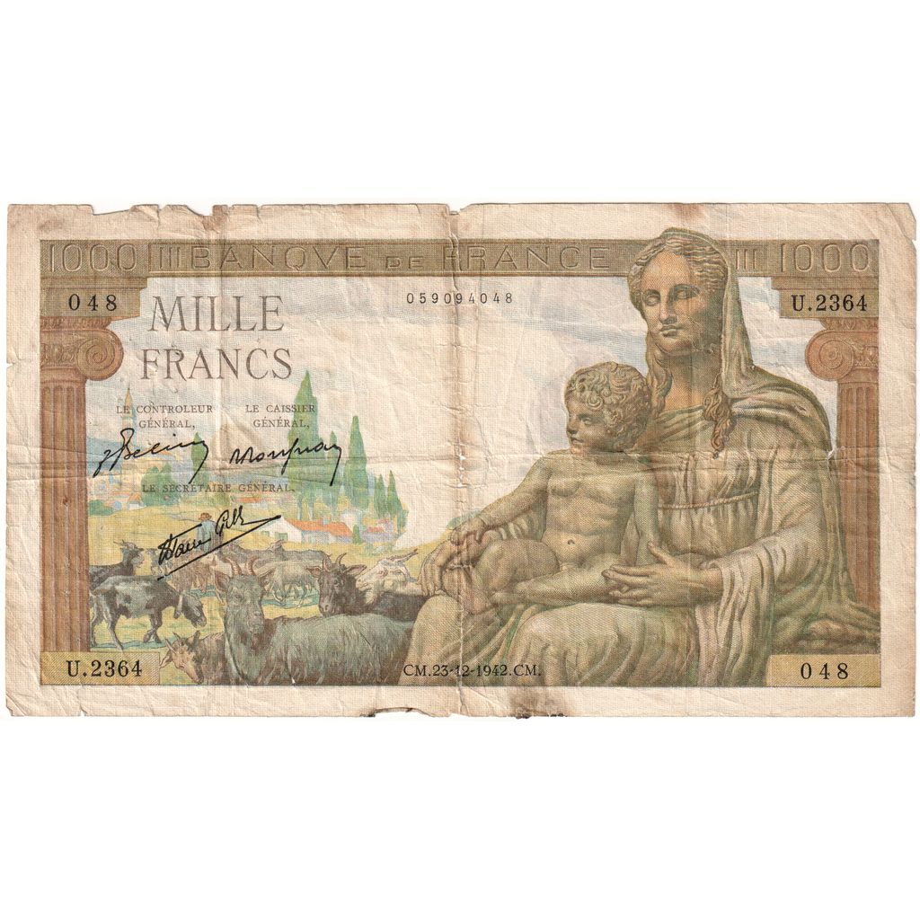 Francia, 1000 Francs, Déesse Déméter, 1942-12-23, U.2364, RC