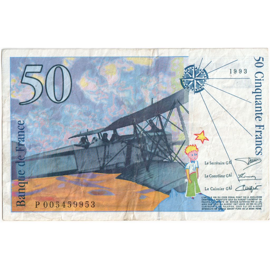 Banknote, France, 50 Francs, St Exupéry, 1993, P 005459953, EF(40-45)