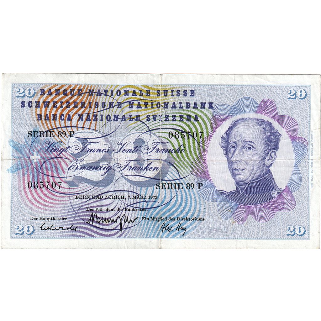 Banknot, Szwajcaria, 20 Franken, 1973, 1973-03-07, KM:46u, VF(30-35)