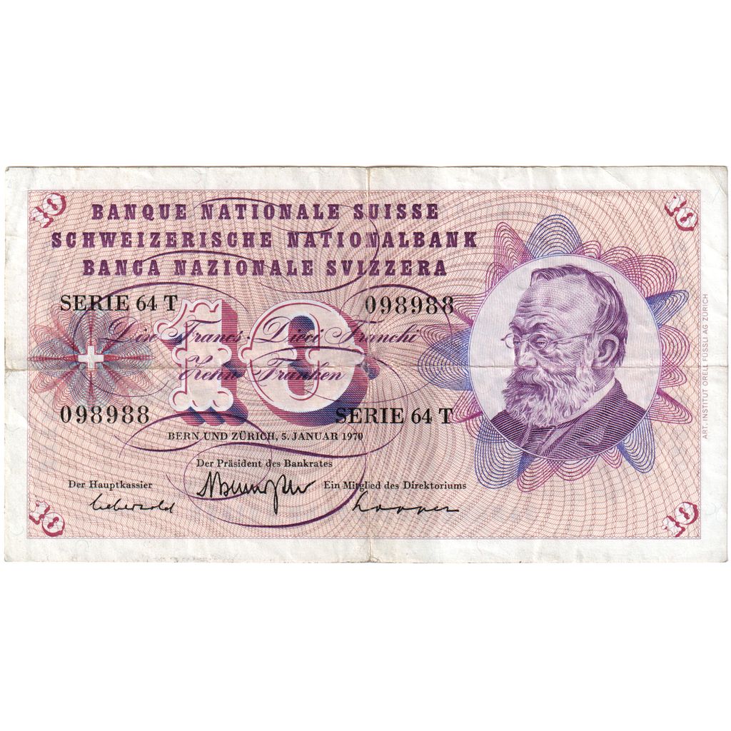 Banknot, Szwajcaria, 10 Franken, 1970, 1970-01-05, KM:45p, EF(40-45)